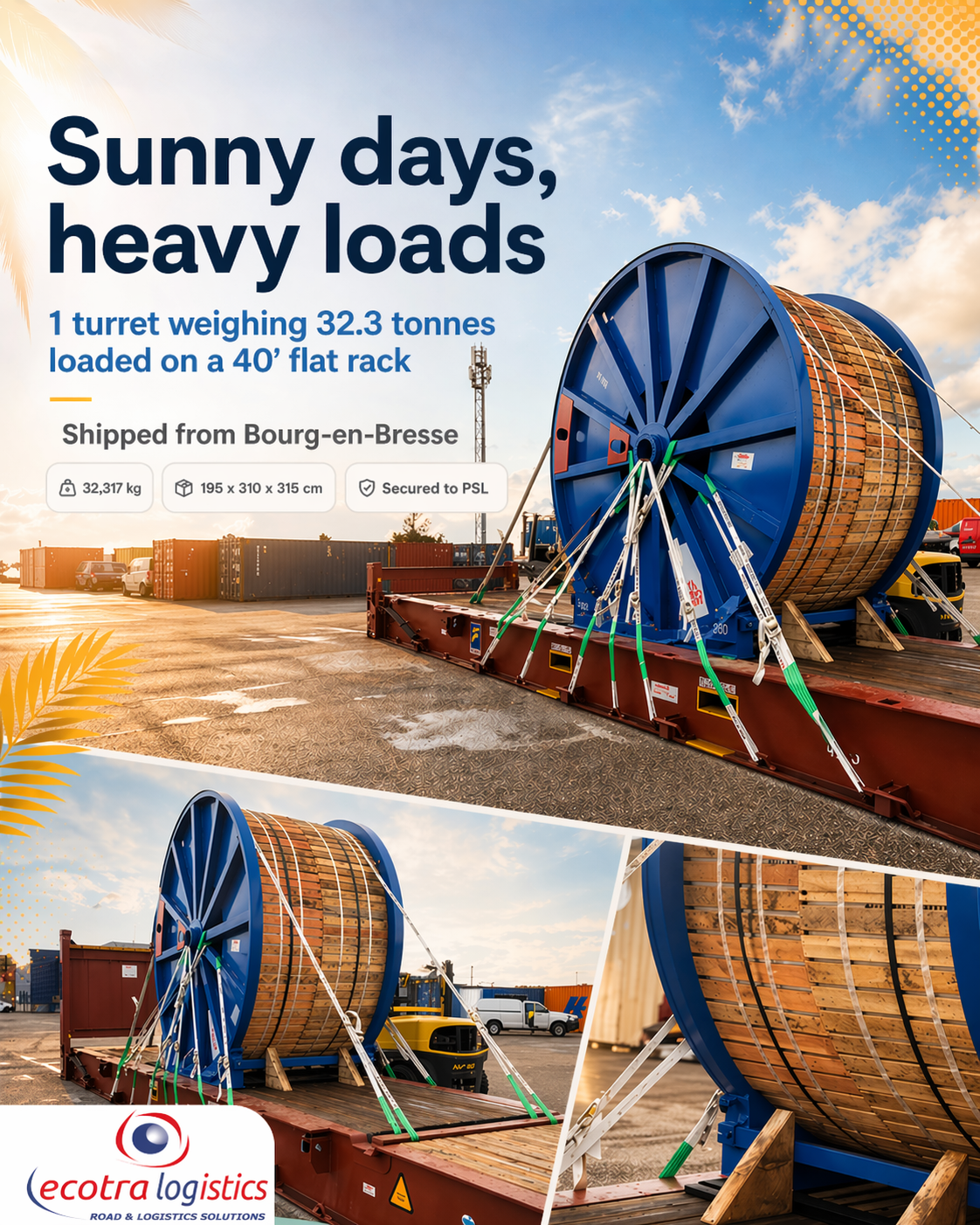 Sunny days, heavy lifting: a 32.3-ton reel loaded onto a 40’ flat rack from Bourg-en-Bresse