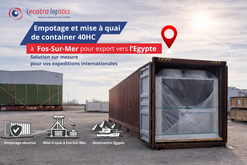 Stuffing and dockside handling of a 40HC container in Fos-sur-Mer for export to Egypt
